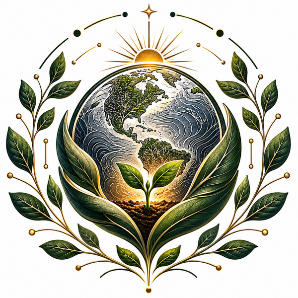 The Aetherseed seal — earth cradled in leaves, a seedling rising, sunrise above