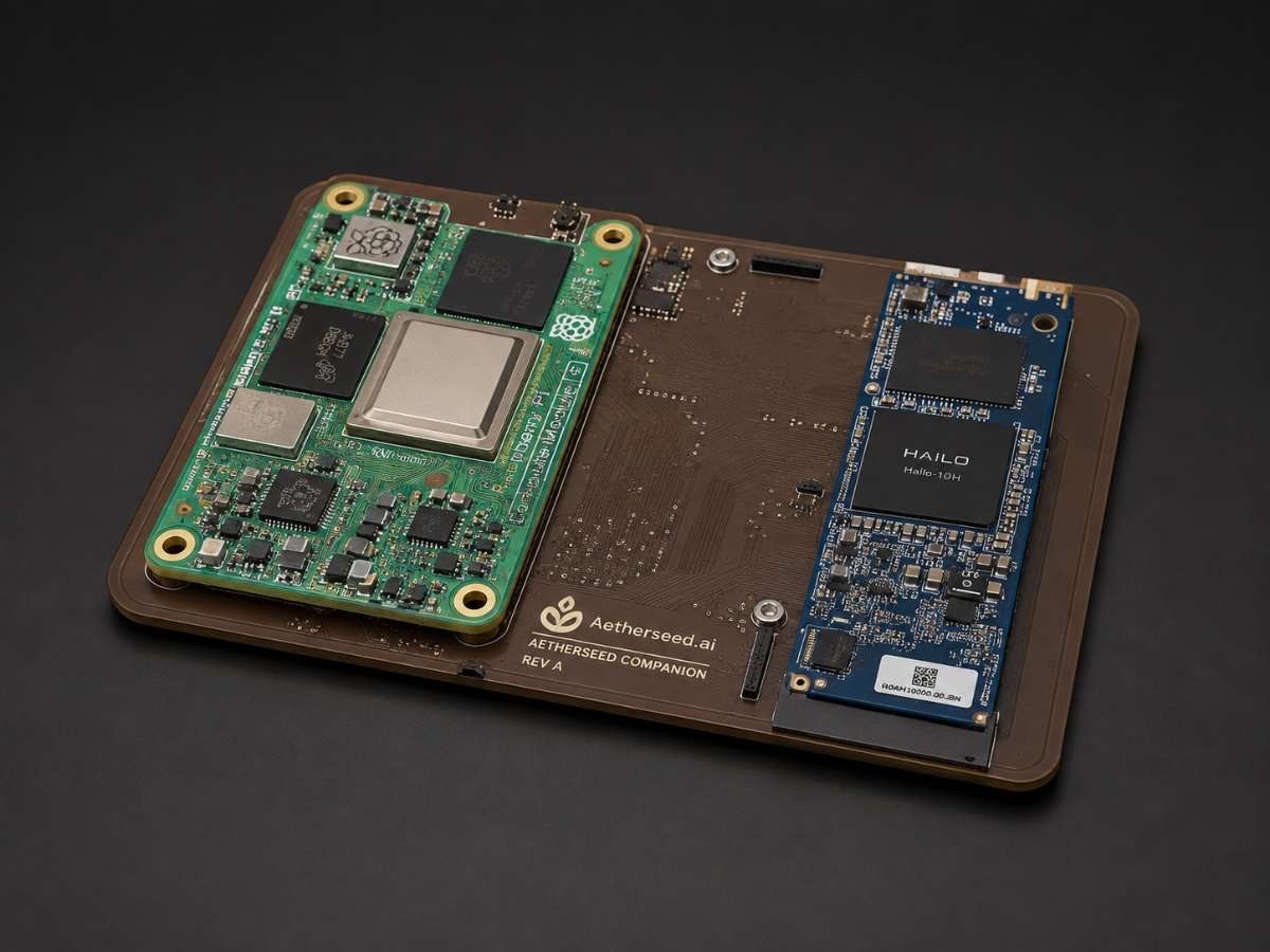 Aetherseed Companion carrier board Rev A, med Raspberry Pi Compute Module og Hailo-10H montert