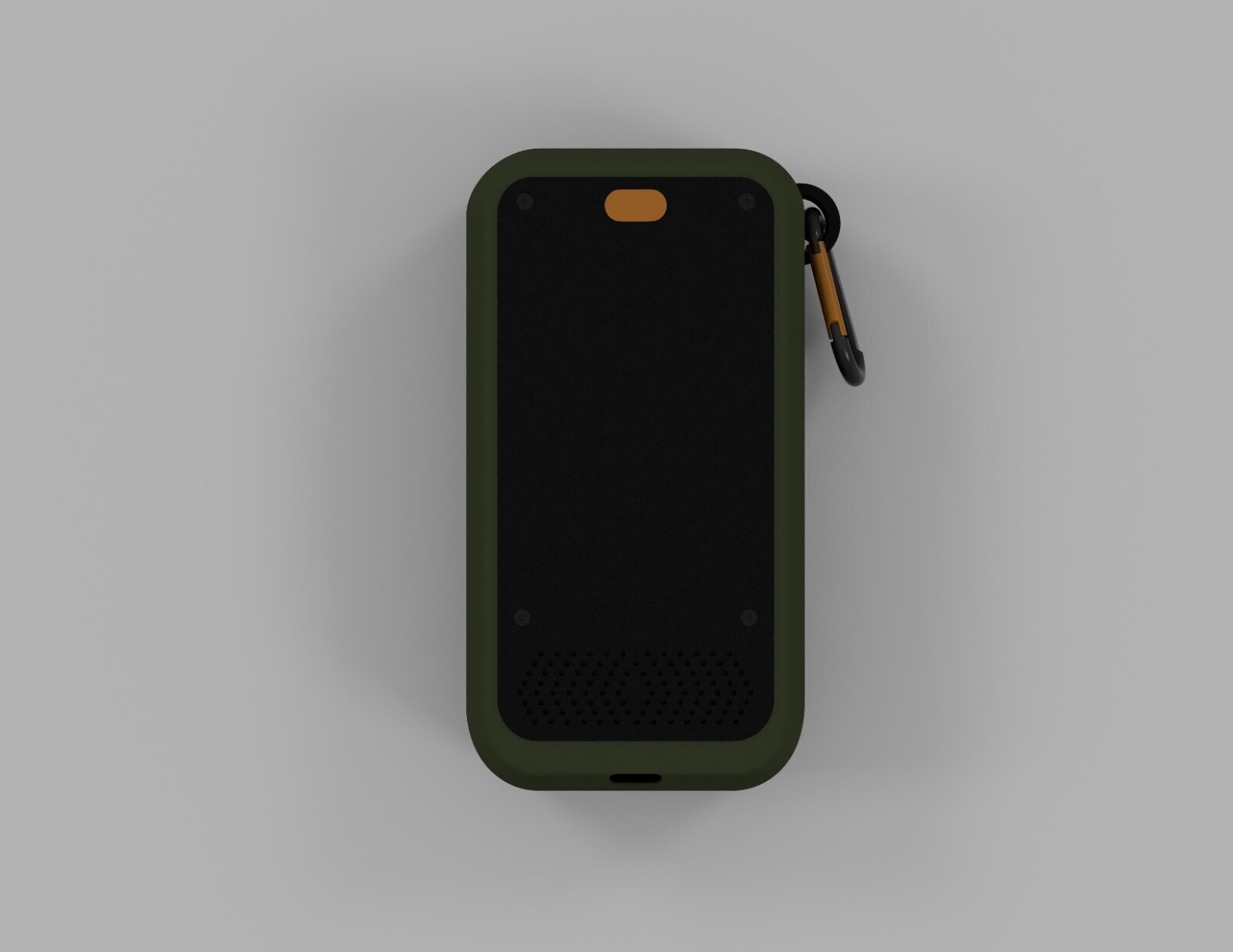 Front face view of the handheld device showing LED indicator and speaker grille