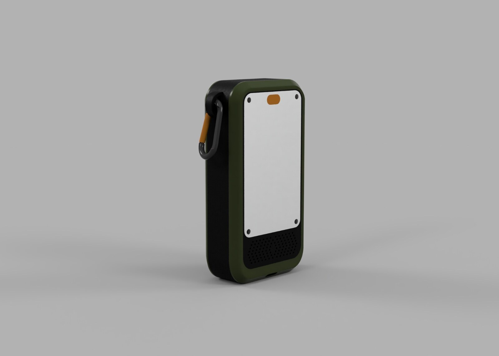 Aetherseed handheld device, isometric view — field green bumper, black side, screen panel, carabiner attached