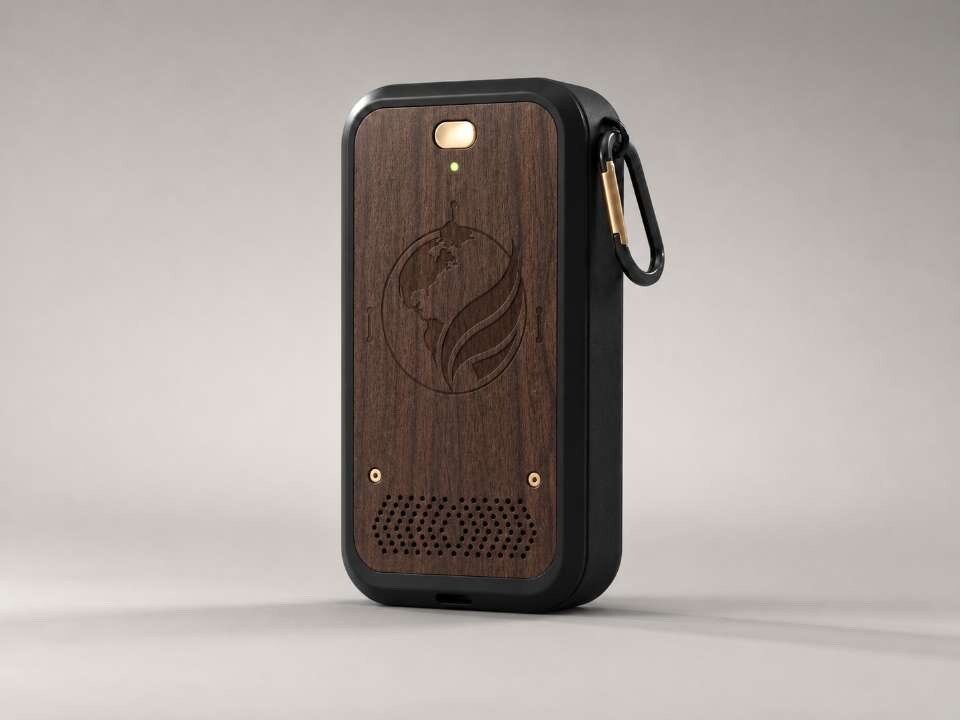 Walnut wood faceplate variant with engraved earth-and-leaf logo and brass screws