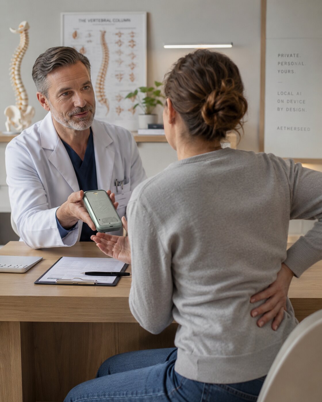 A clinician in a white coat handing a green Aetherseed device across a desk to a patient, a wall poster reading Private, Personal, Yours — Local AI on device by design