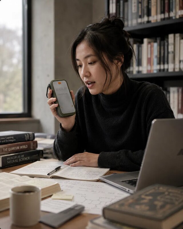 A student in a library speaking to an Aetherseed device, surrounded by neuroscience and physics texts and handwritten notes