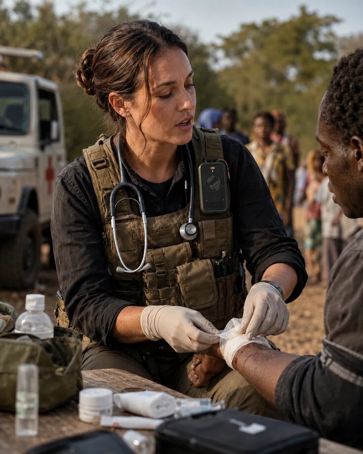 A field medic in a tactical vest bandaging a patient's wrist at an outdoor aid station, an Aetherseed device clipped to her chest