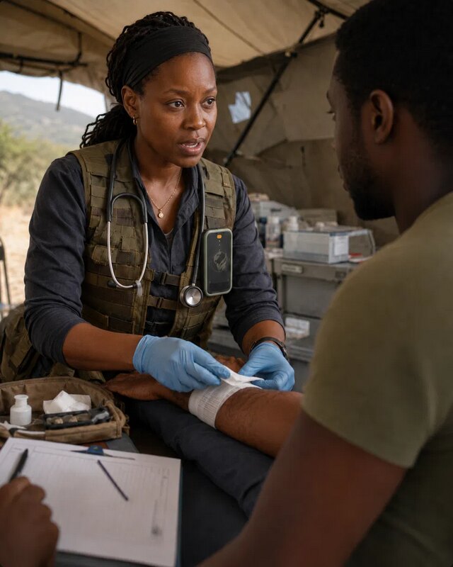 A field medic under canvas treating a patient's arm, a colleague taking notes, an Aetherseed device on her vest