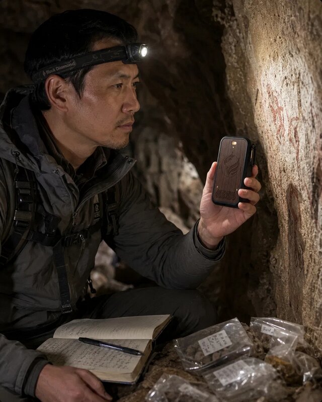A researcher with a headlamp in a cave holding a walnut Aetherseed device up to ancient rock art, a field notebook and sample bags beside him