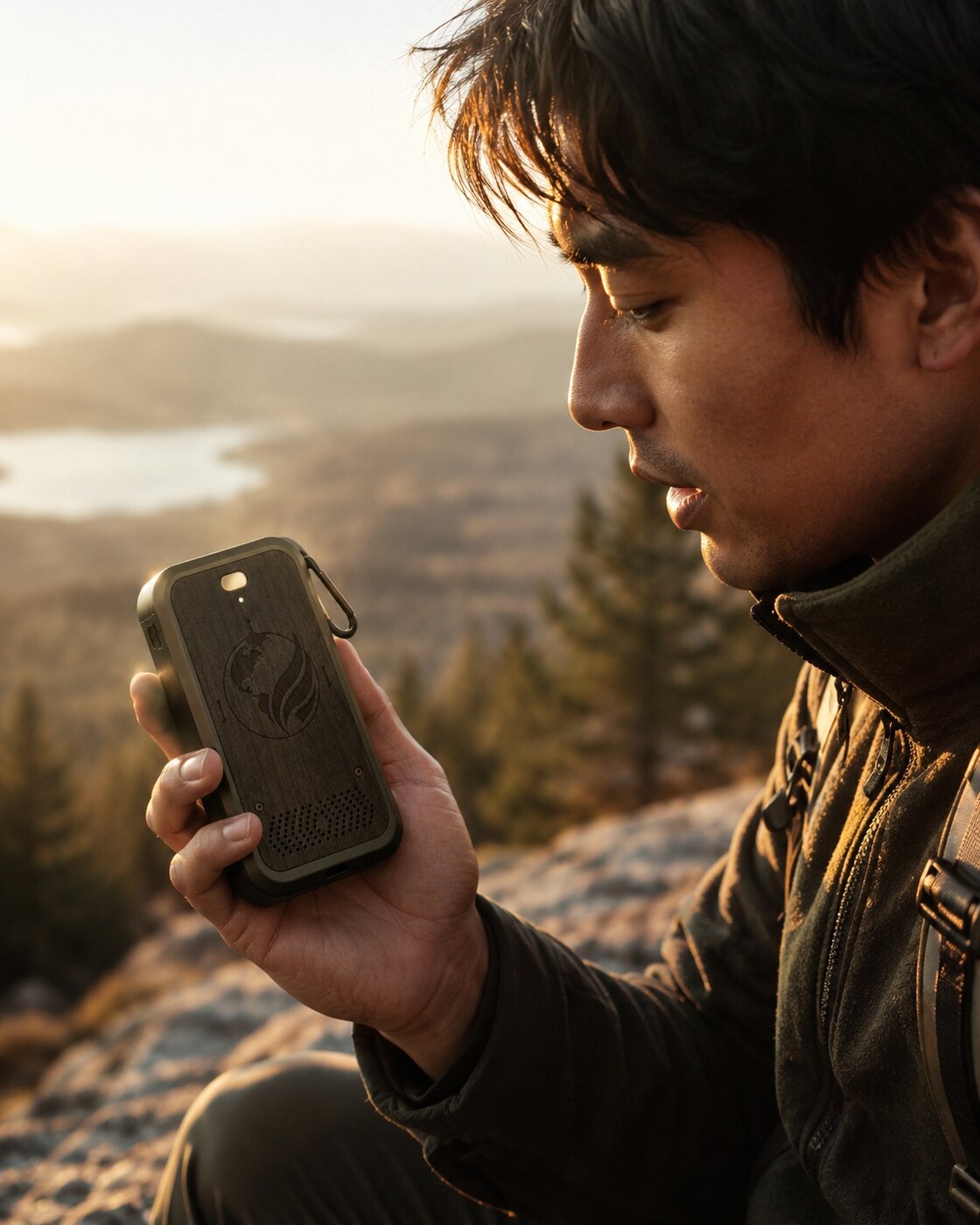 A hiker on a ridge at golden hour speaking to a walnut Aetherseed device, a valley and lake spread out behind